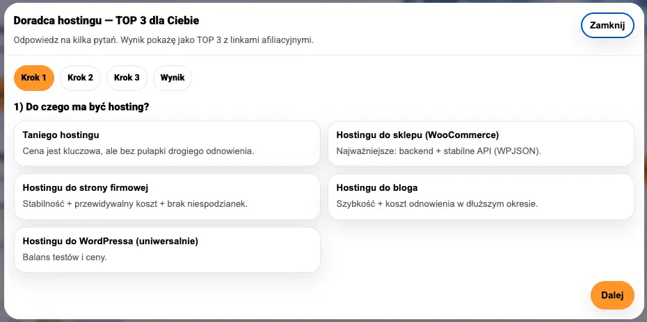 Widok narzędzia doradca hostingu WordPress pomagającego wybrać najlepszy hosting WordPress do bloga, WooCommerce lub strony firmowej na podstawie testów i porównania hostingów WordPress