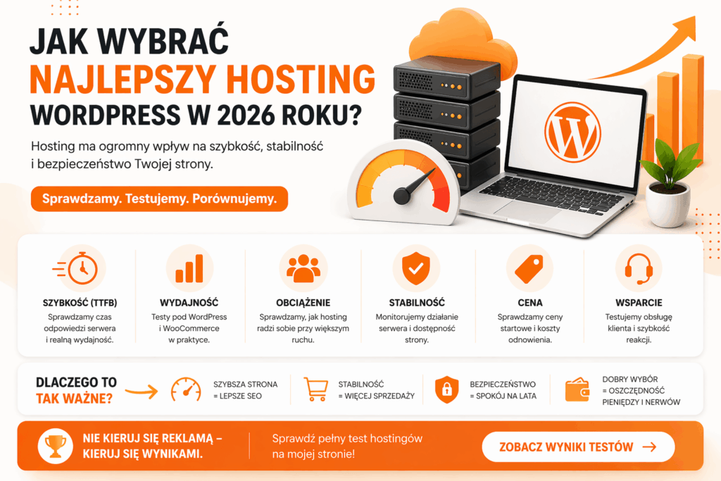Infografika pokazująca jak wybrać najlepszy hosting WordPress w 2026 roku na podstawie testów hostingów WordPress, porównania wydajności, TTFB i stabilności dla bloga oraz WooCommerce